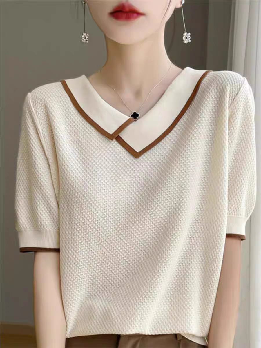 天丝小翻领荔枝纹提花针织短袖女夏季