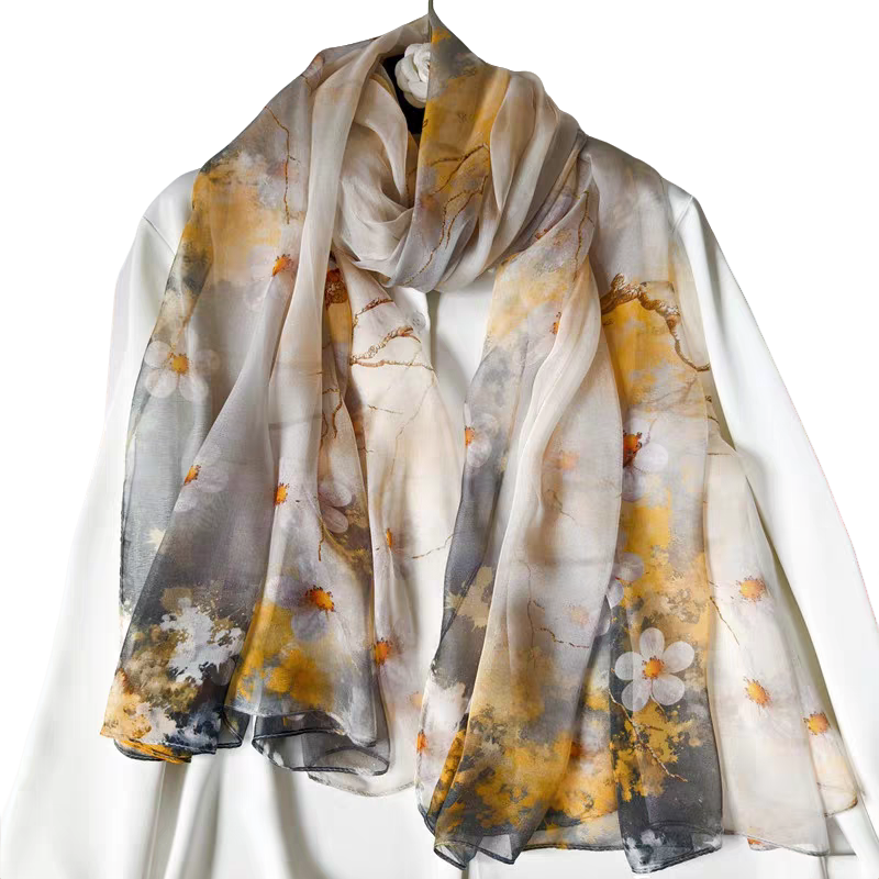 新款100桑蚕丝丝巾格雷灰挡风轻薄大长巾四季桑蚕丝丝巾