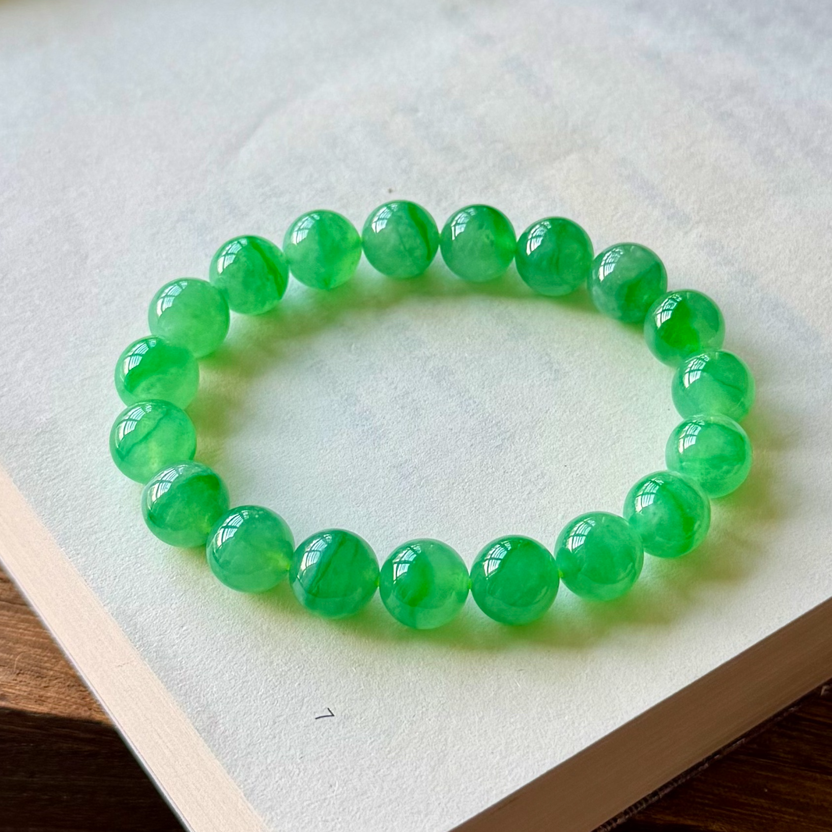 F542冰阳绿飘花圆珠手串高品质收藏级翡翠珠串缅甸天然A货翡翠