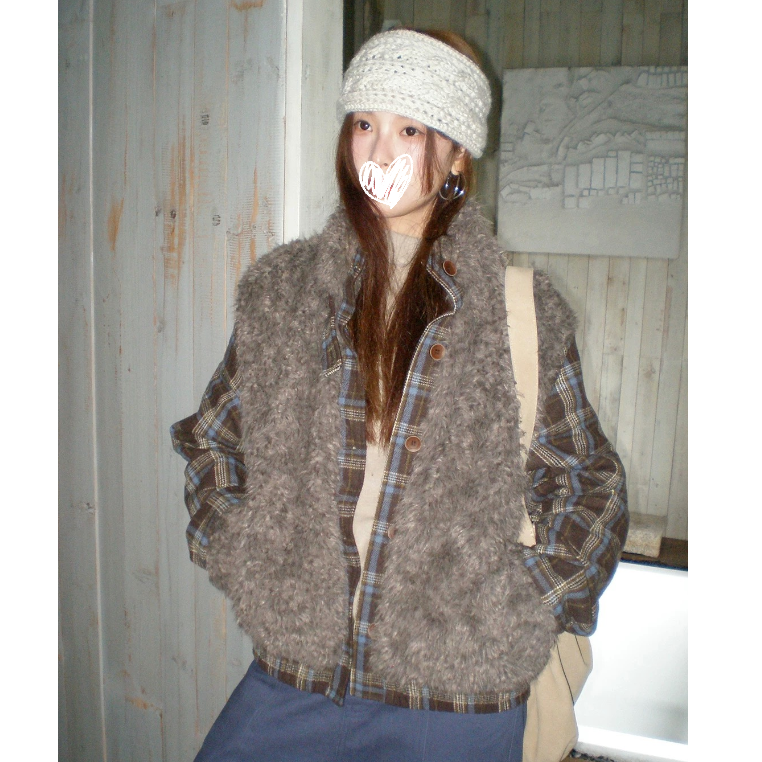 秋冬新品韩系少女宽松百搭磨毛格纹拼接毛绒夹棉外套女