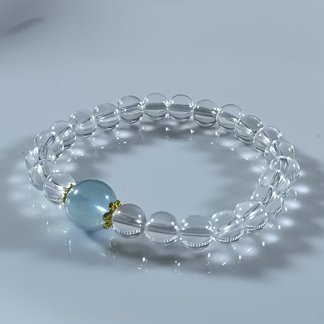 A货白水晶手串(配海蓝宝顶珠) 路路通珠子海蓝宝手串仙女必备百搭