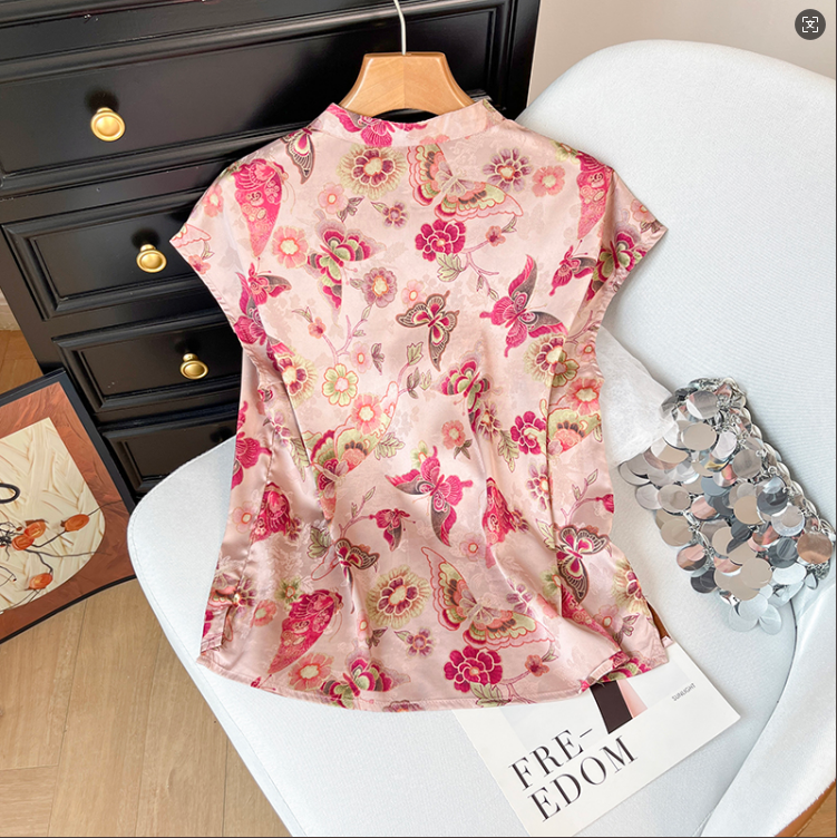 【粉福蝶短衫】提花短款斜襟薄款短袖女装夏季夏款1144