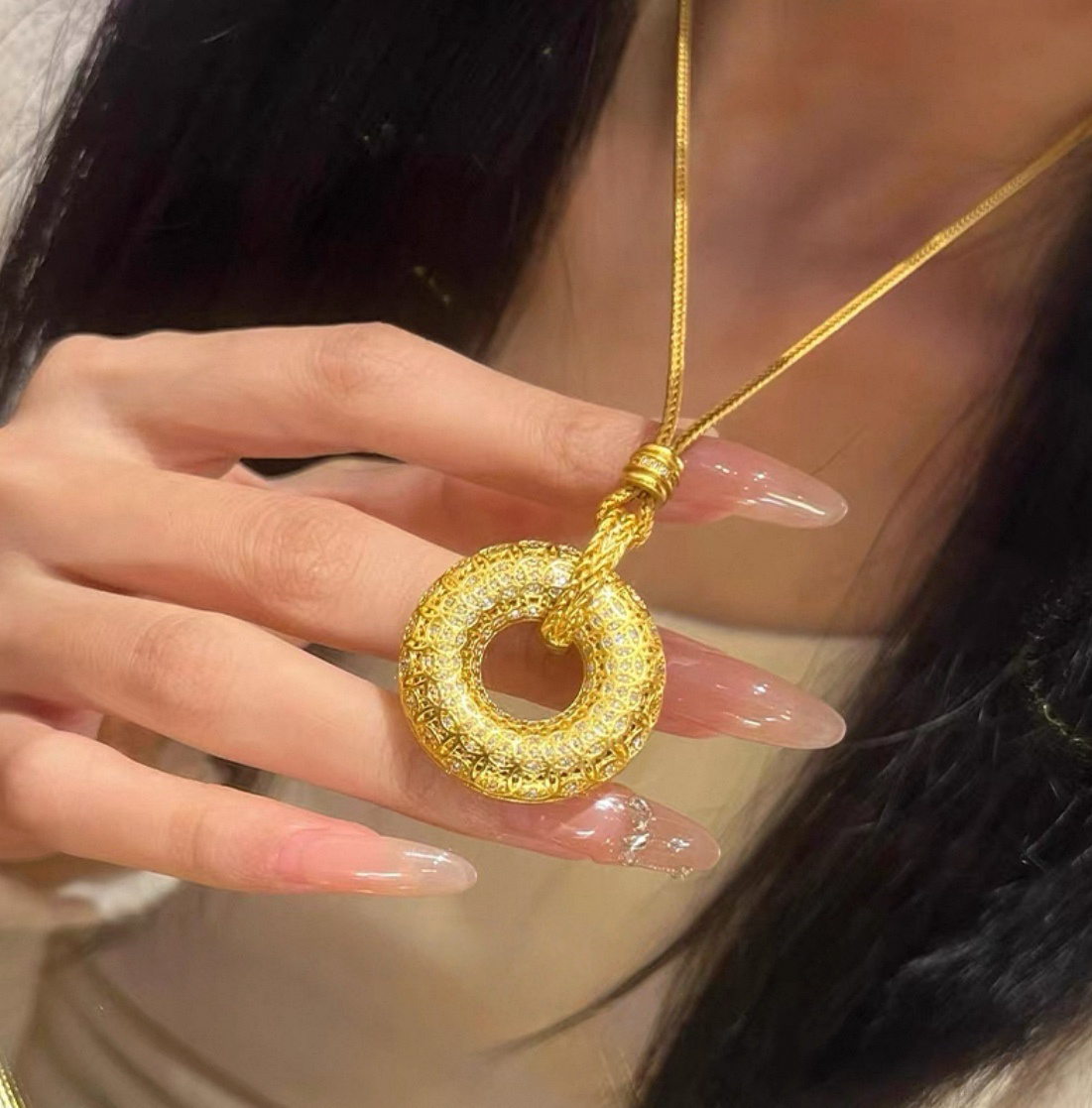 合金皮质吊坠 超重工！金店同款满钻吊坠花丝平安扣长款蜡绳项链