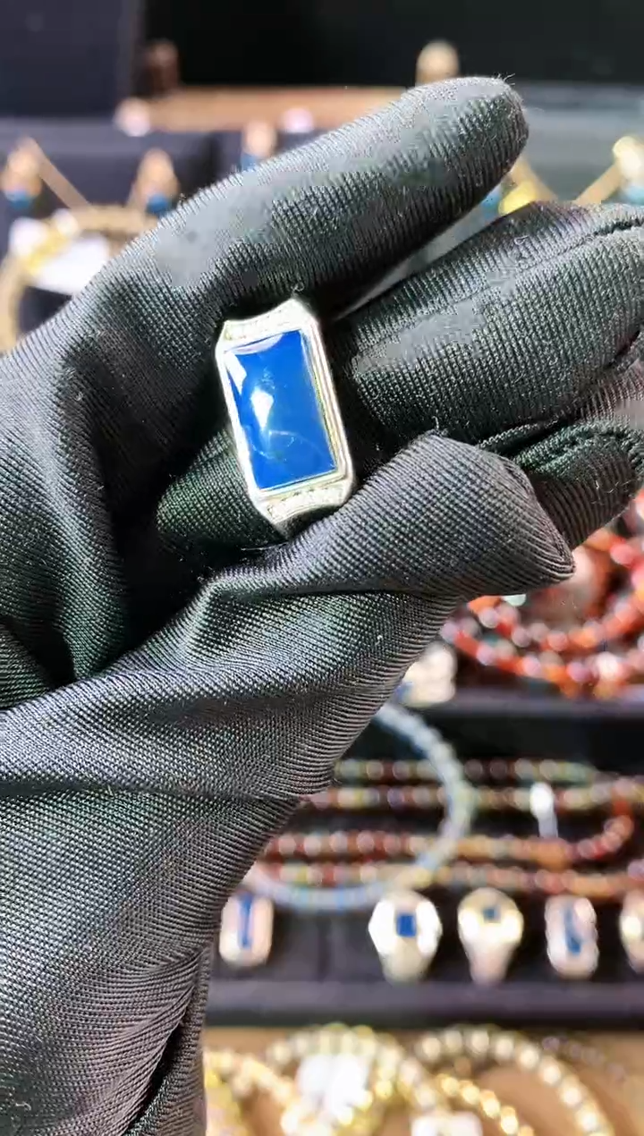 【闪购商品】琥珀珠宝奇石银S925镶嵌多米尼加皇家蓝非净水戒指