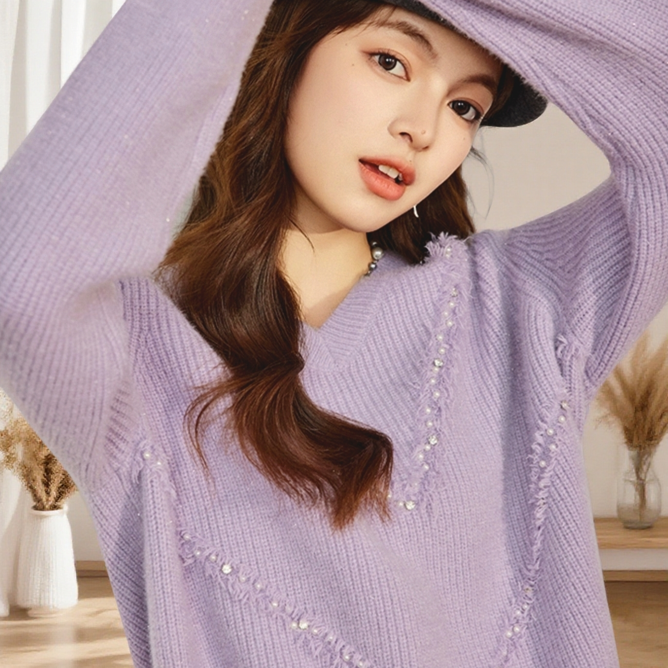 【6200】大漫甄选细闪重工V珠针织衫J8801