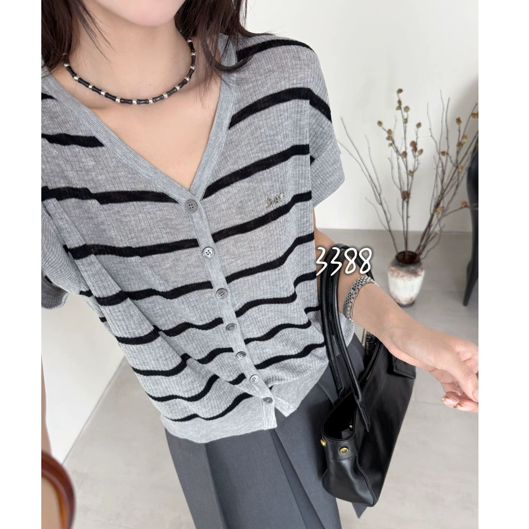 LB有运费补贴~黑灰条纹V领时尚休闲镂空天爽亚麻上衣