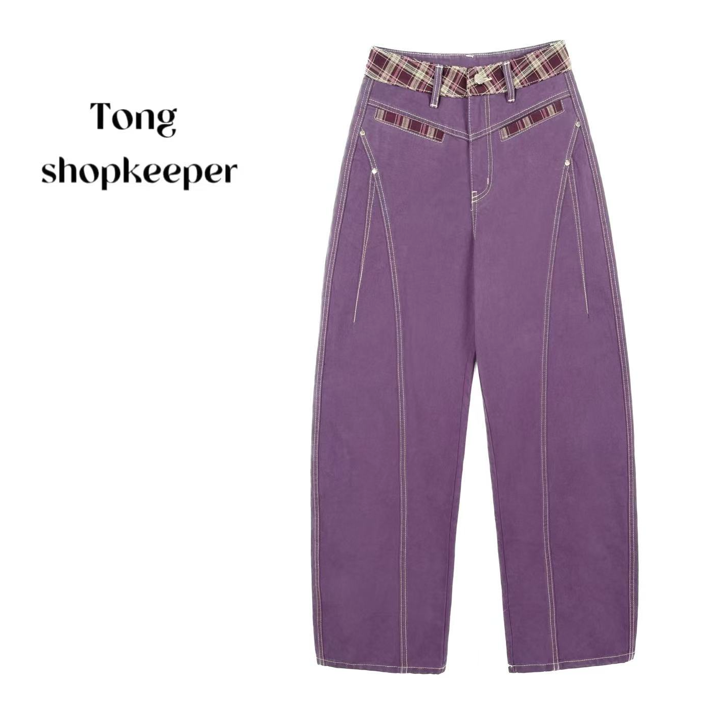 QJ/彤掌柜1683234 冬季2026新款复古弧形裁剪怀旧拼色显瘦休闲裤