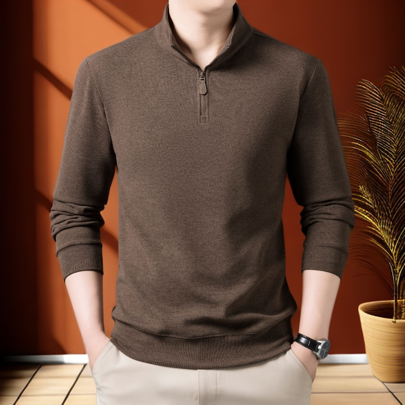 新品Polo衫时尚保暖宽松型长袖纯色打底男常规拉链秋季立领针织