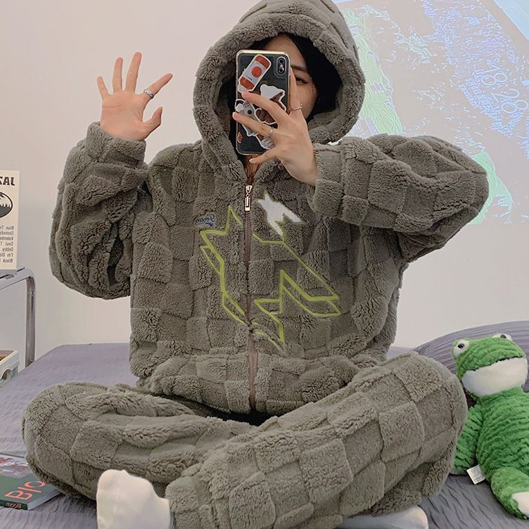 厚绒冬款保暖戴帽加绒女士睡衣宽松加厚居家外出穿韩版家居服套装