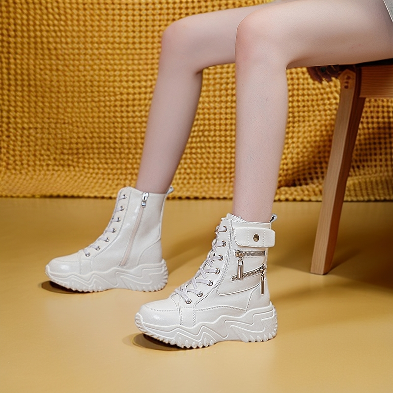 增高鞋女鞋春季英伦马丁靴女厚底百搭短靴高帮休闲鞋皮面单靴子