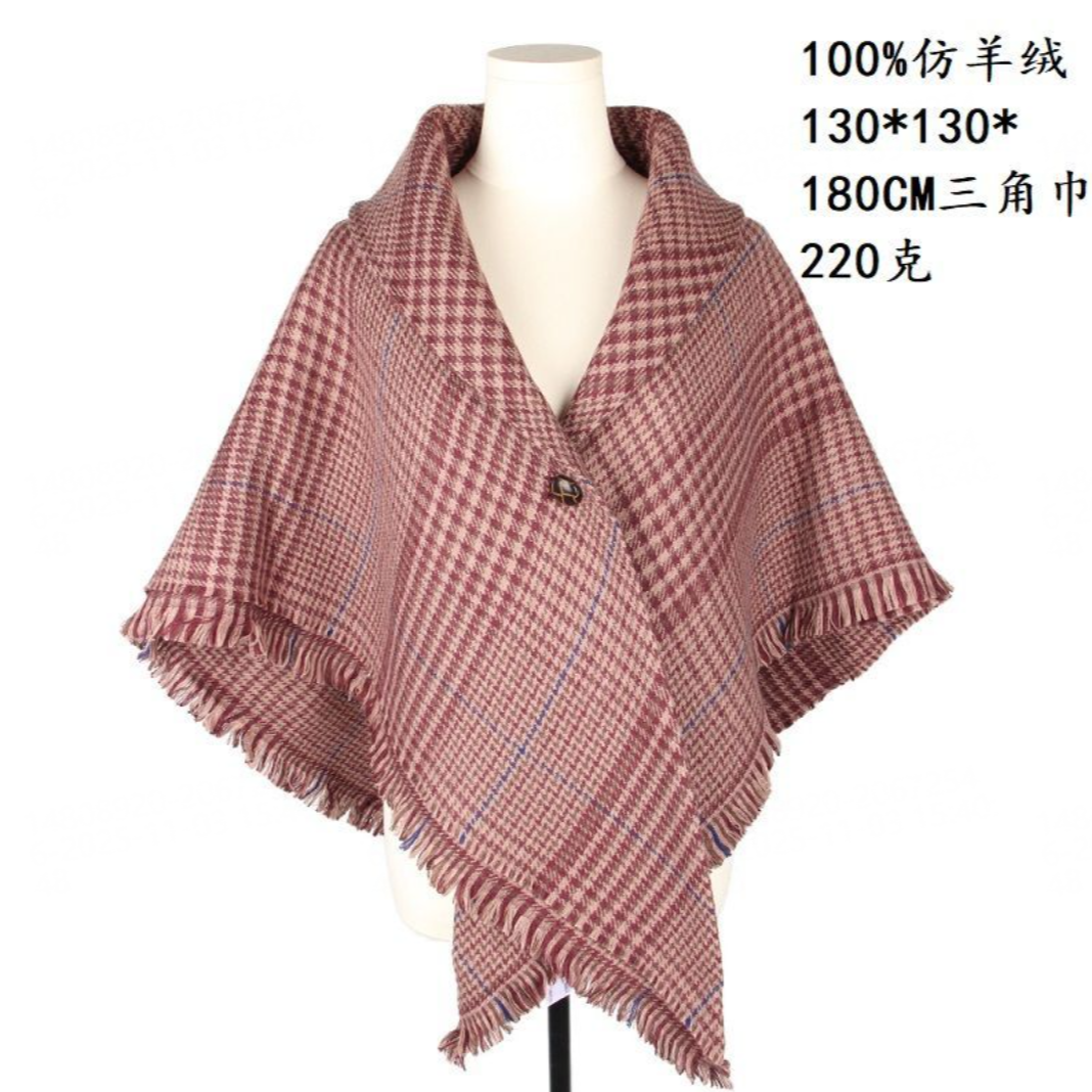 三角形带纽扣披肩厚保暖仿羊绒千鸟格枣红色披风FRA056101