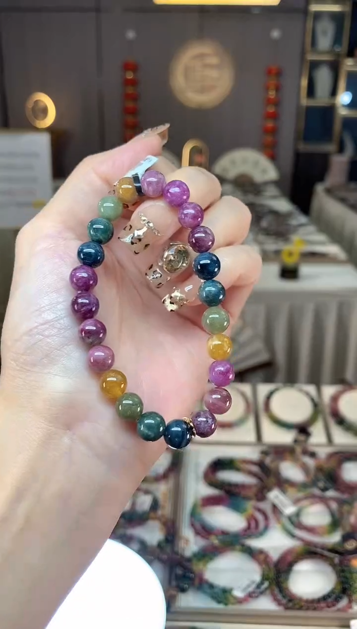 未镶嵌老矿碧玺色标彩虹单圈手串8mm+碧玺dan多样性发货一条