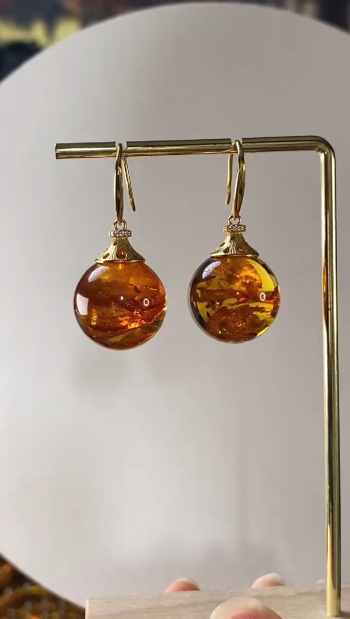 【闪购商品】琥珀耳饰银S925镶嵌花珀耳环0000