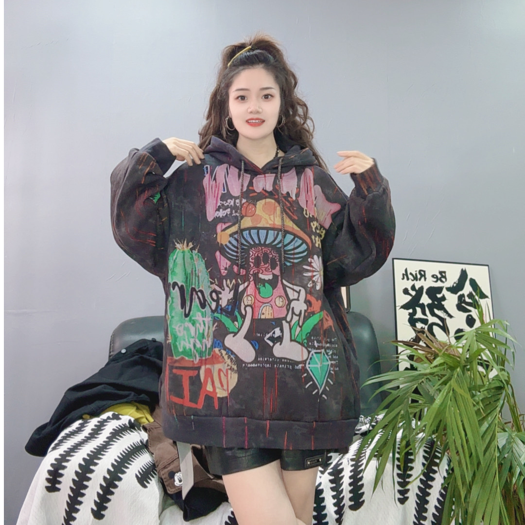 LY家6380#AF冬季字母卡通印花抓破设计连帽加绒宽松百搭休闲卫衣