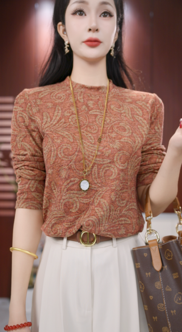 秋冬新款澳绒半高领打底时尚气质修身显瘦上衣减龄印花长袖03