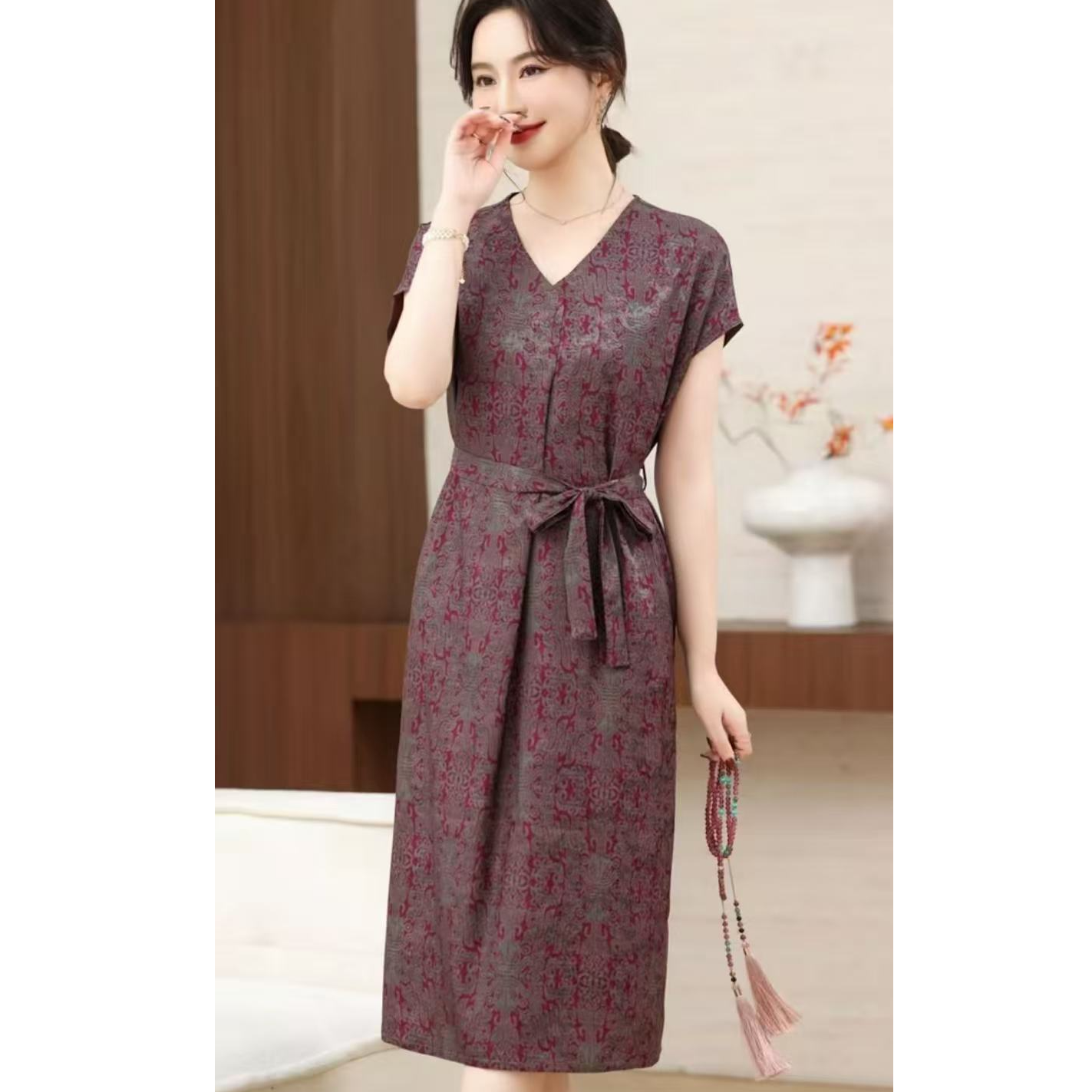 （图腾花）简约V领休闲气质中长款显瘦时尚妈妈装连衣裙