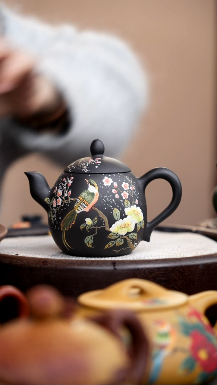茶壶紫砂云雾天青龙蛋泥绘花鸟