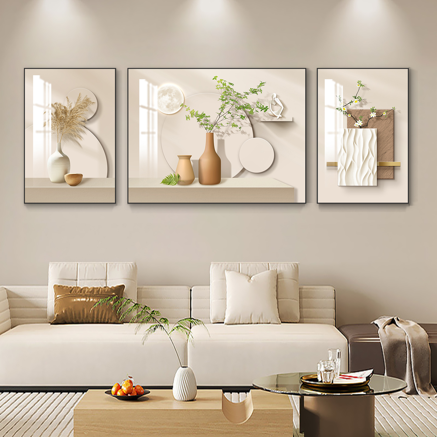 奶油风客厅装饰画高级感沙发背景墙挂画北欧简约2025新款三联壁画