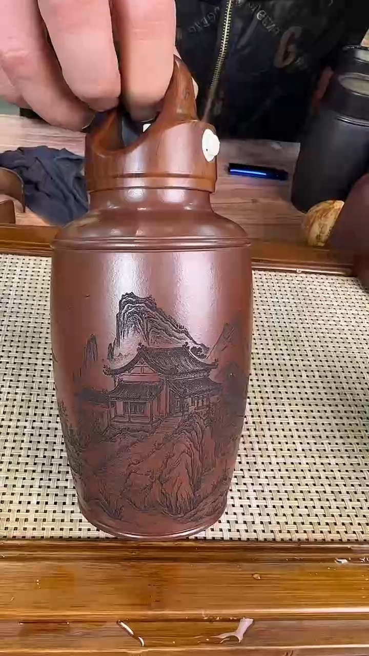 【闪购商品】紫砂茶杯双层 紫泥 柳暗花明350cc  木纹盖