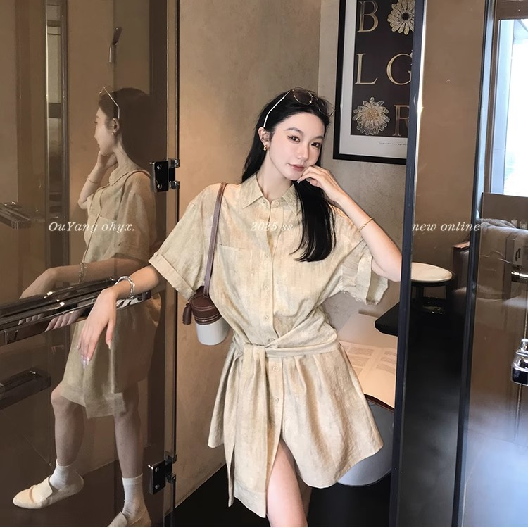 【衬衫裙】交叉绑带衬衫连衣裙女夏季设计感飘带复古短裙