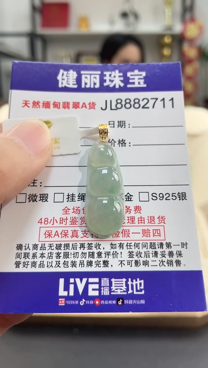 颈饰18K金镶嵌翡翠张天然缅甸翡翠A货 富贵豆(一物一证)+银链