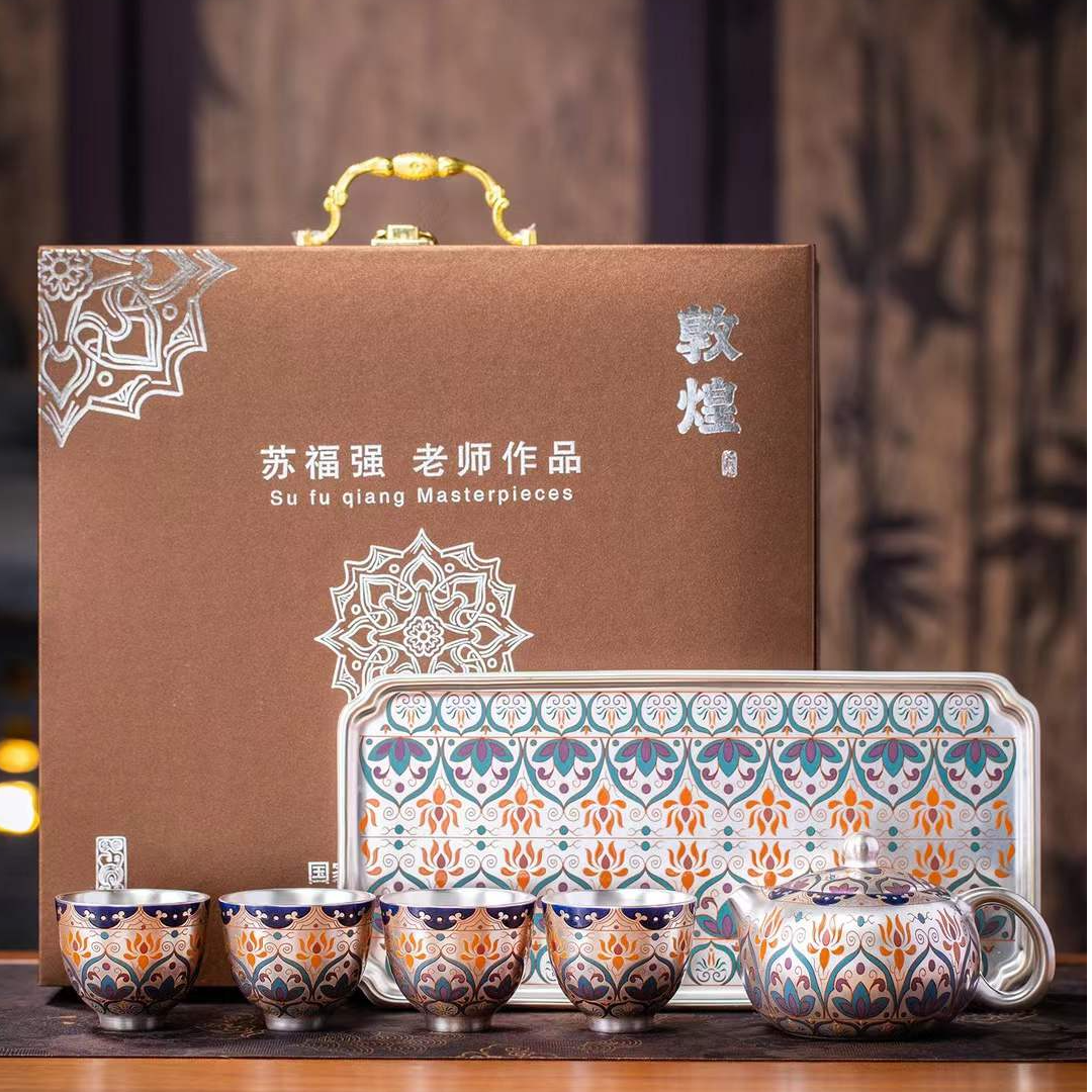 SFQ如意敦煌大师手工高档鎏银茶器瓷胎包银一壶四杯+茶盘-009