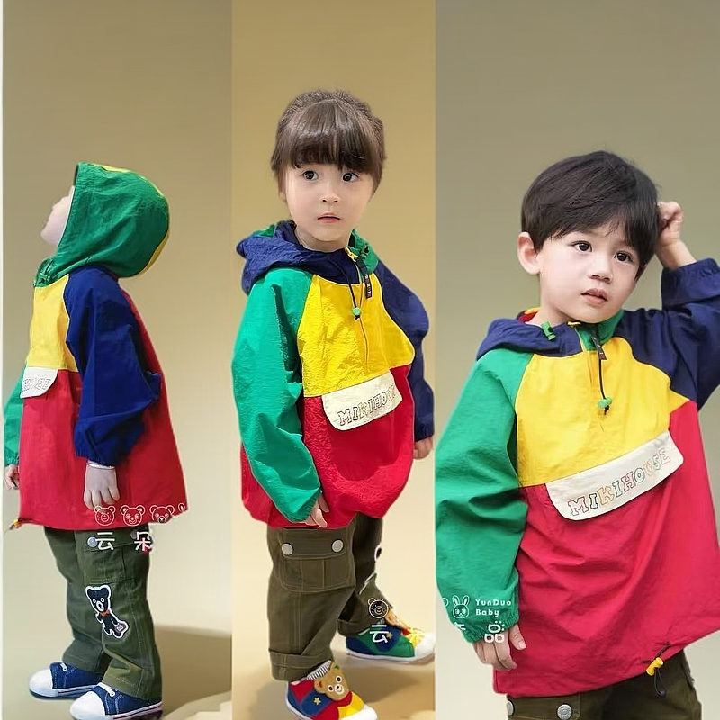 （现货）儿童春秋男童日式连帽休闲普通外套秋装拼色撞色秋款卫衣