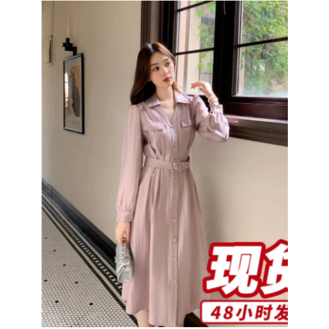 2025新款春秋季法式高级感浅紫色显瘦衬衫裙连衣裙女长袖5096
