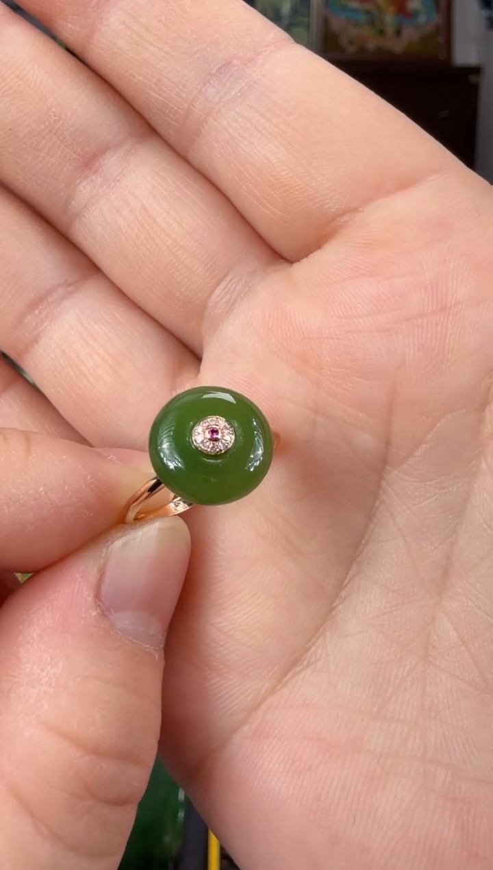 【闪购商品】和田玉（碧玉）戒指18K金镶嵌 