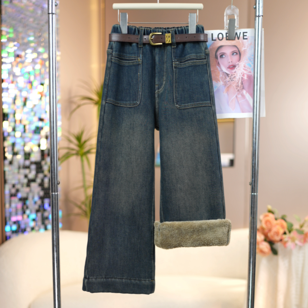 女童【特厚糕糕绒】拼接口袋牛仔裤2025冬季新款中大童加绒直筒裤子