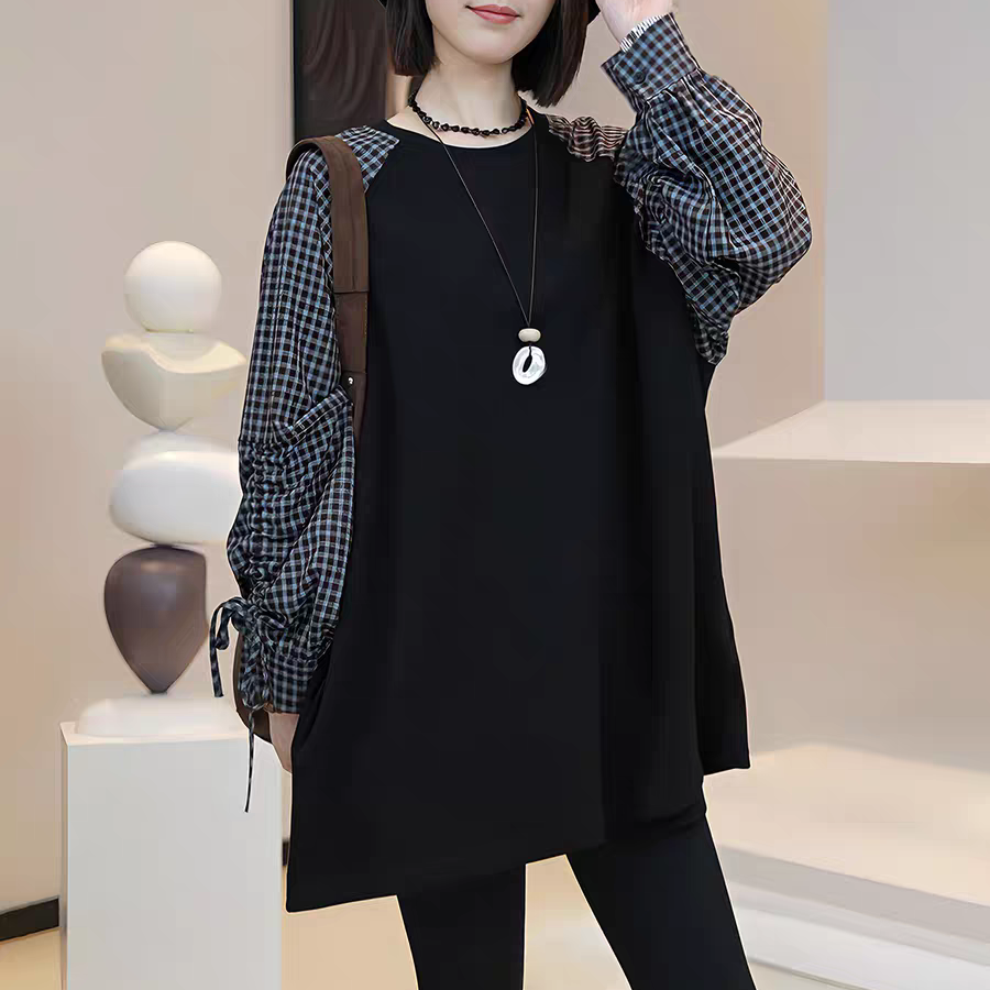 2025秋季新款大码胖MM韩系减龄显瘦格子拼接长袖卫裙女假两件上衣