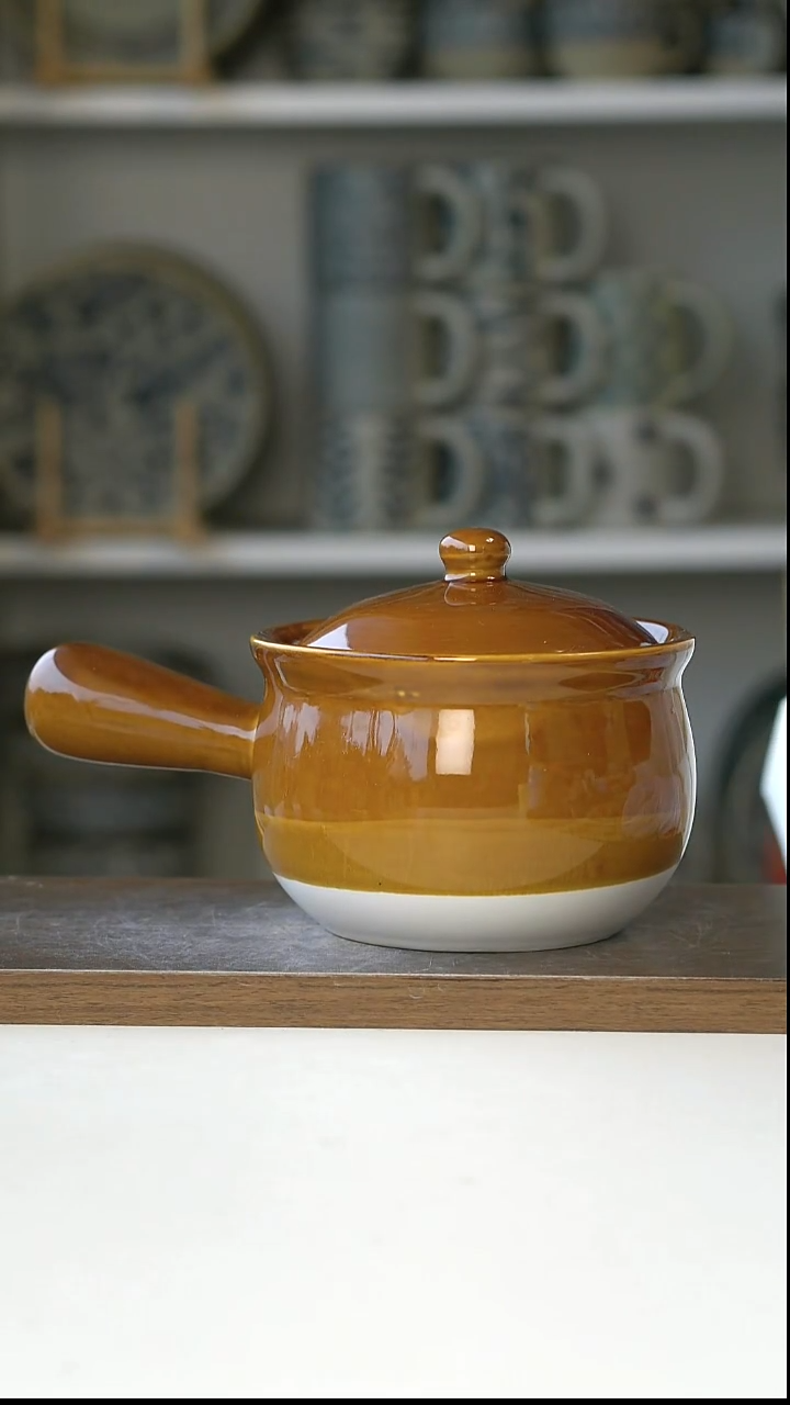 陶" 美拉德拼色单柄带盖陶瓷炖盅600ml"@4-2@微瑕