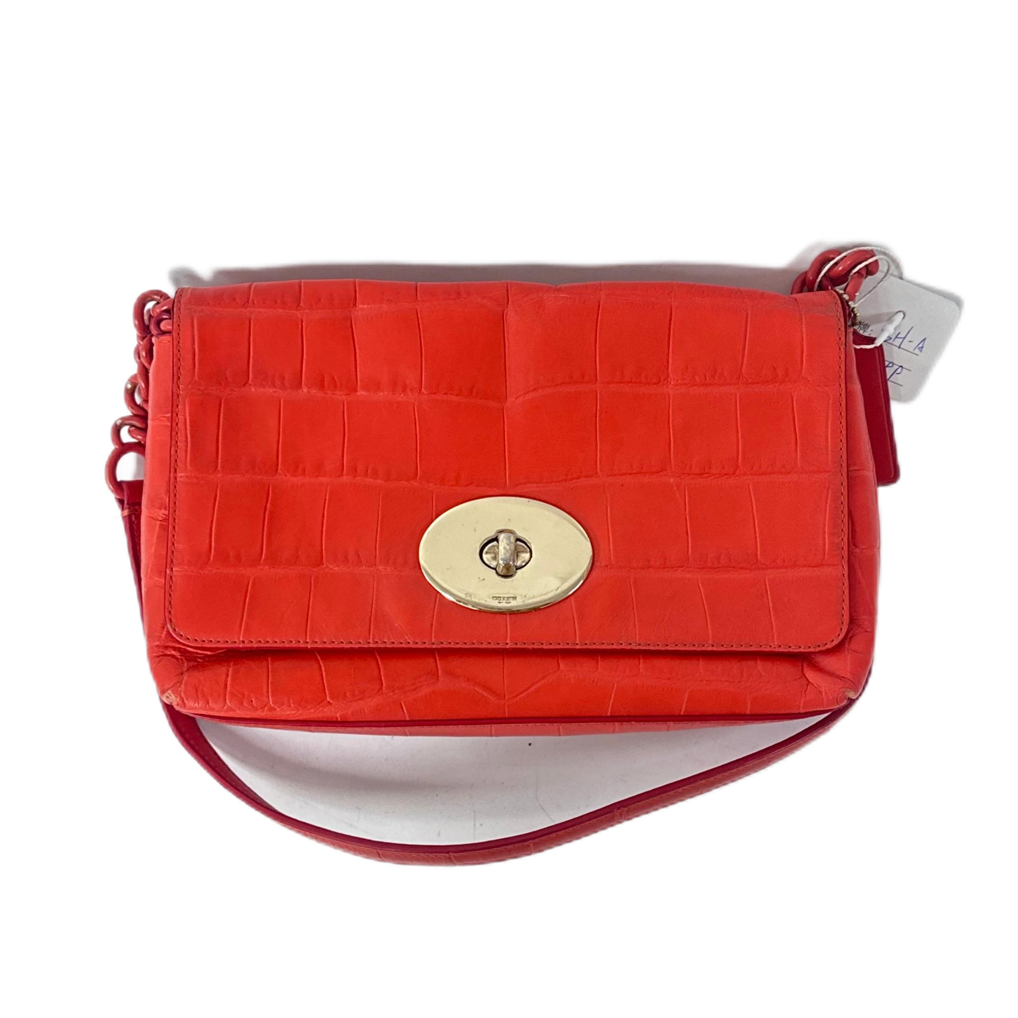 95新 COACH/蔻驰 橘红色全皮鳄压纹单肩斜挎包 SH-30151-A