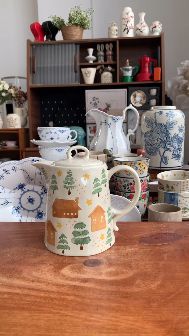 瓷房子与树1000ml茶壶