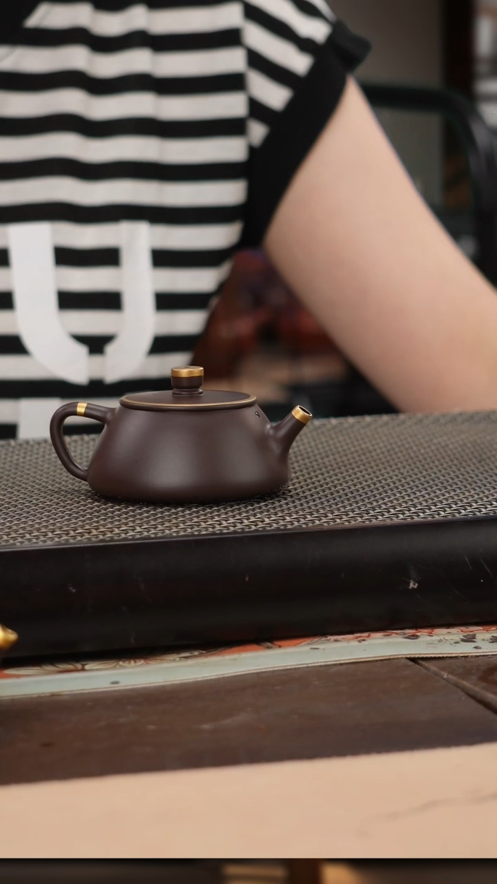 茶壶紫砂四号井茄皮紫泥描金平盖石瓢120cc