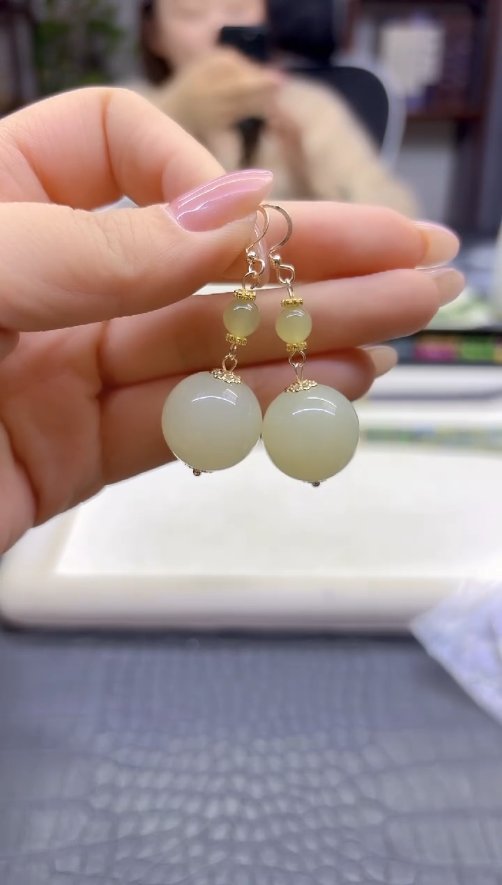 14K金镶嵌和田玉耳饰DIY款E969