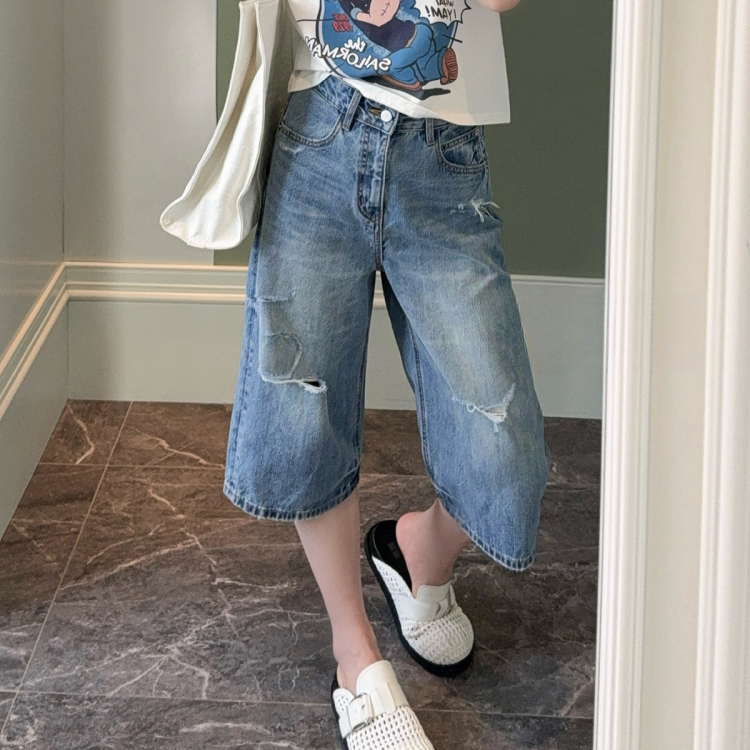 2025爆款破洞薄款高腰中牛仔裤夏季新款休闲时尚洋气六分牛仔裤女