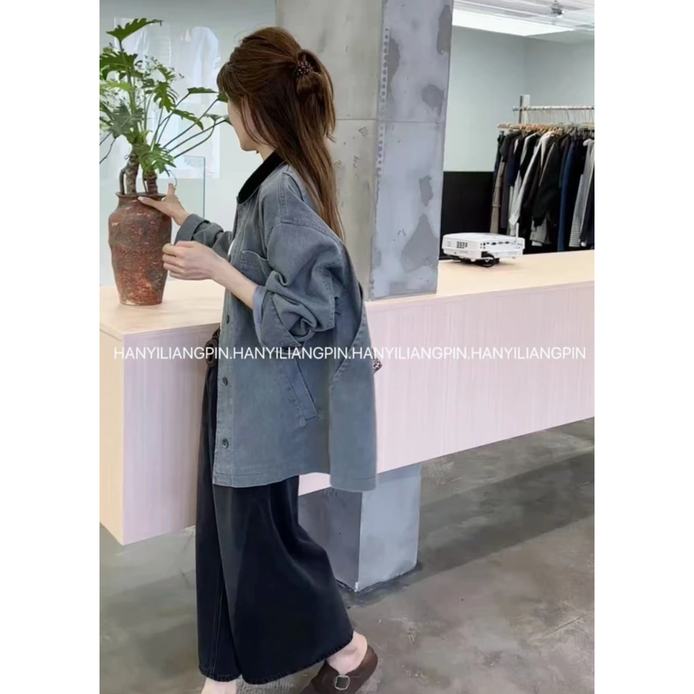 韩国灯芯绒领中长款牛仔外套休 闲韩味秋装新款风衣女