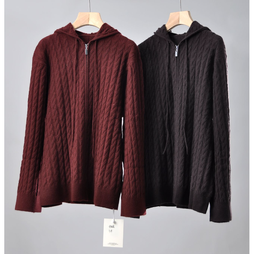 YIWEN-【限定款】时尚百搭经典款羊绒绞花双股纱拉链帽衫WT4125