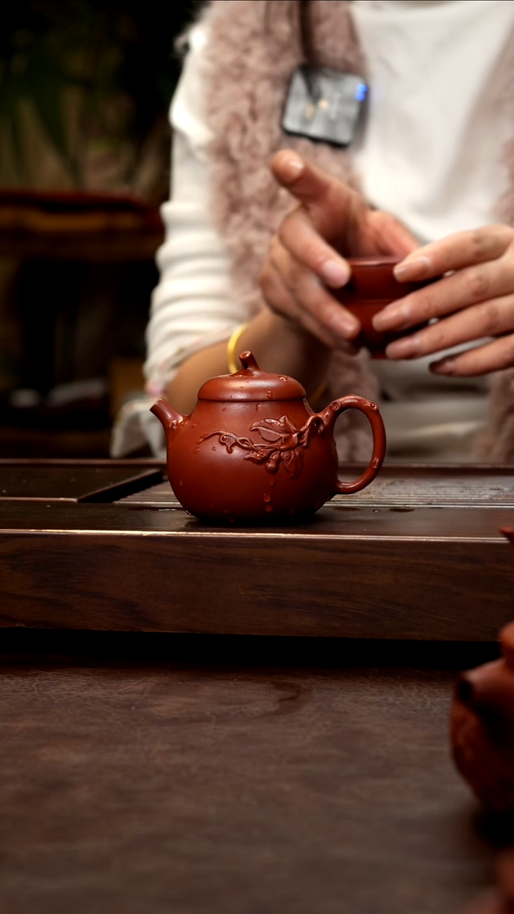 茶壶紫砂朱泥泥绘茄瓜130cc左右
