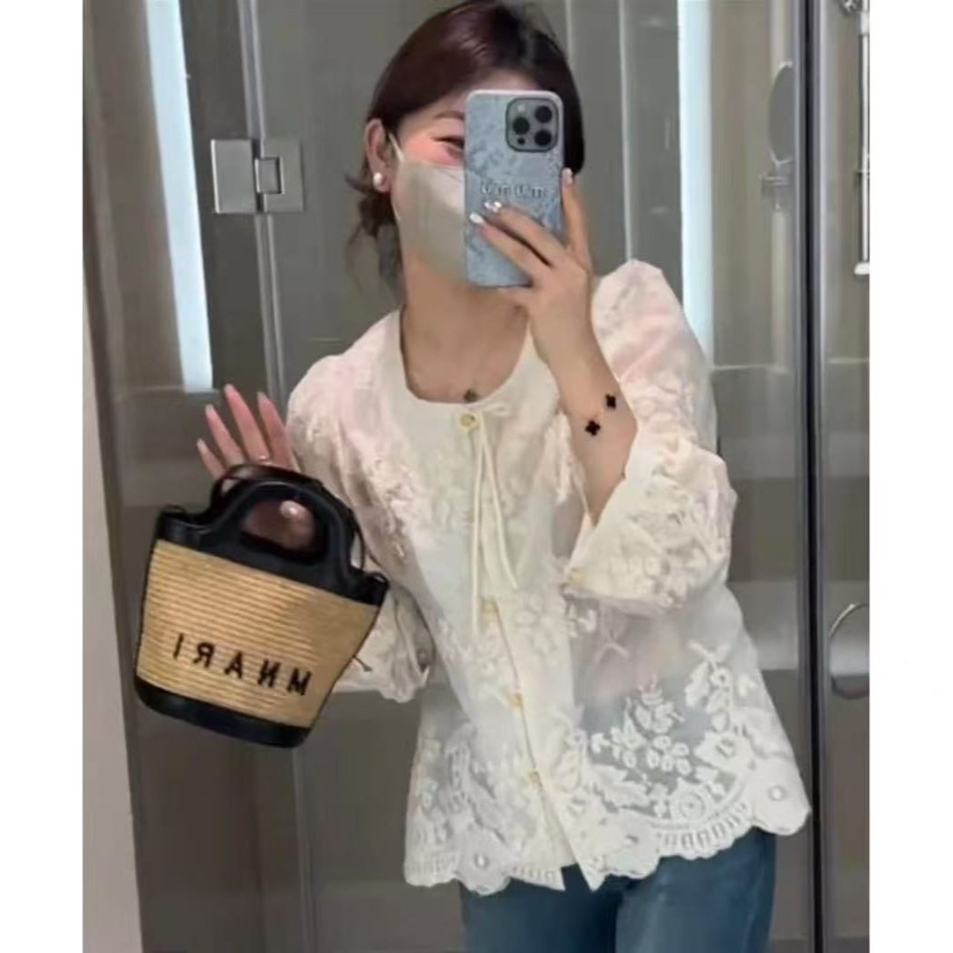 C17法式钩花蕾丝衬衫女时尚洋气宽松设计感新中式国风上衣