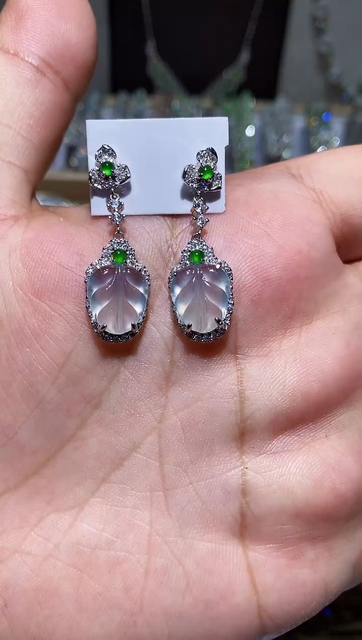 【闪购商品】翡翠耳饰银S925镶嵌叶子耳坠