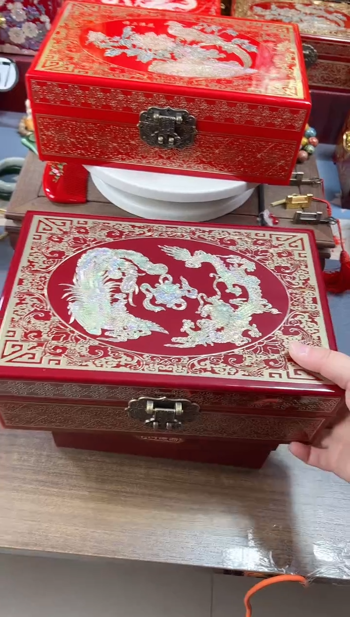 【闪购商品】28厘米双层大空间掐丝螺钿镶嵌酒红龙凤