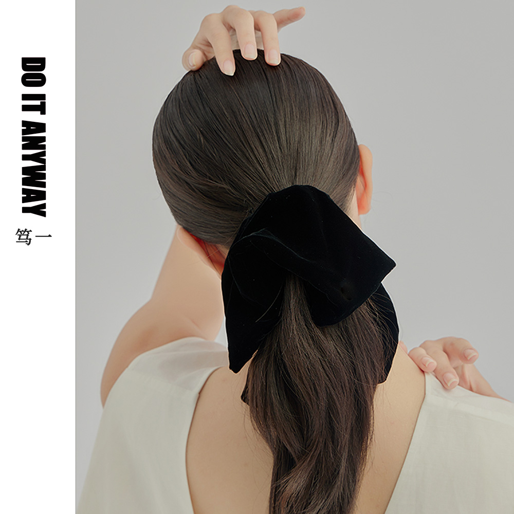DOITANYWAY笃一黑色真丝丝绒四角发圈发巾丸子头高品质女2025新款