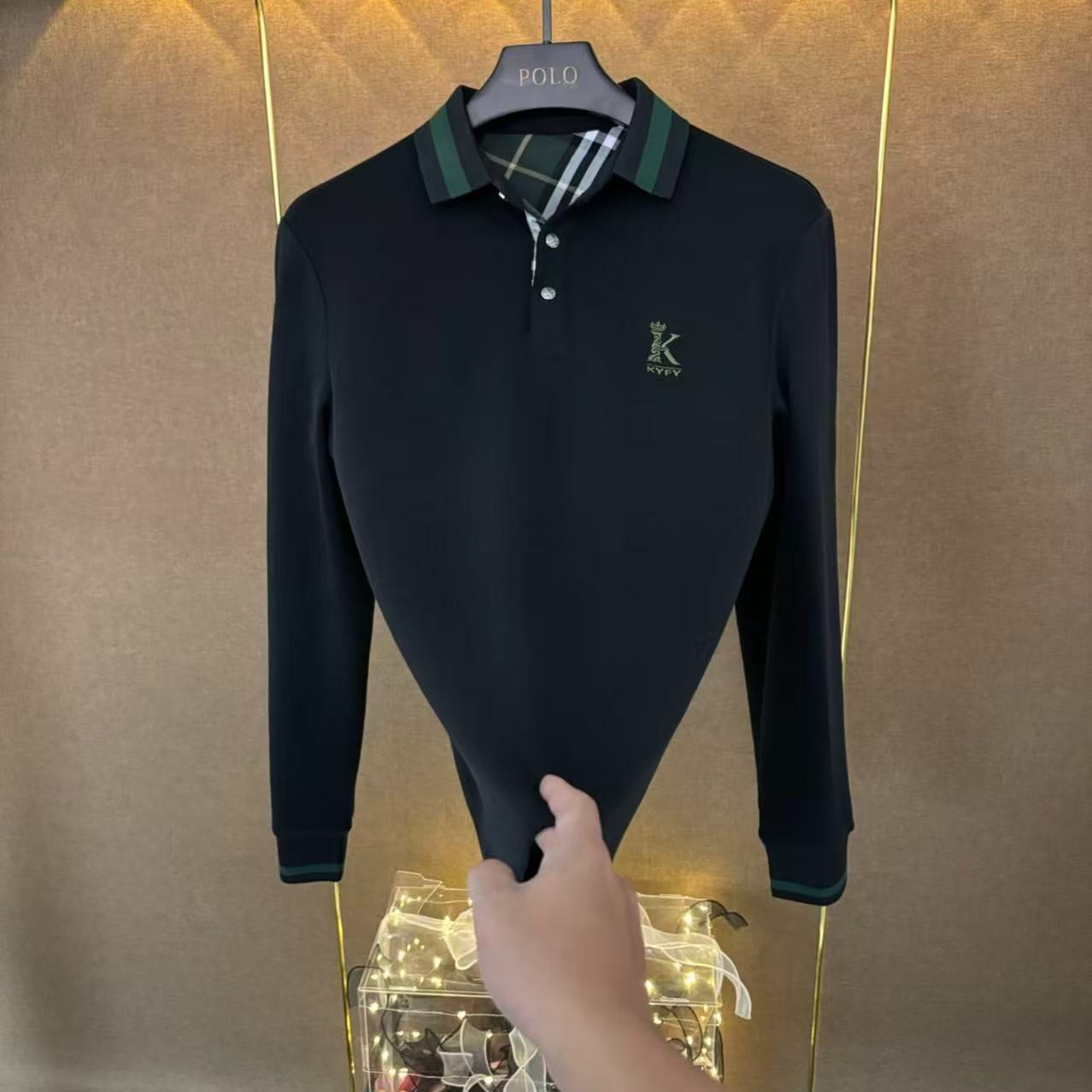 啊浩 K刺绣绿色加厚珠地棉高织高密长袖高级保暖polo衫秋冬款