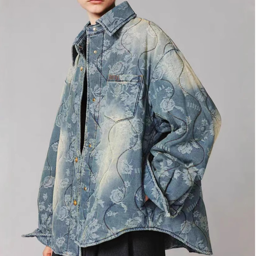 W1099乌2024冬季新款牛仔提花衬衫式外套时尚休闲