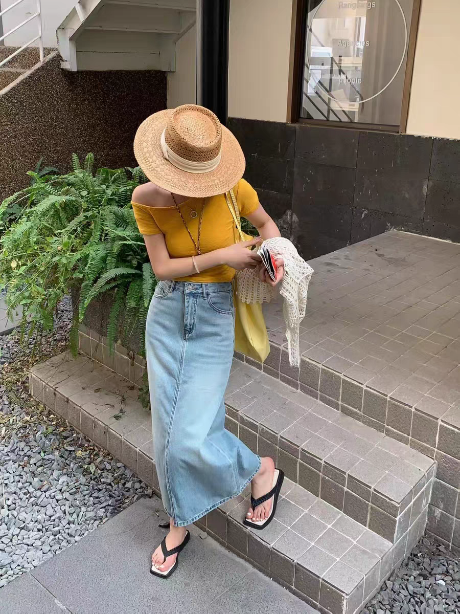 夏季薄款高腰显腿长前后开叉百搭A字中长牛仔半身裙