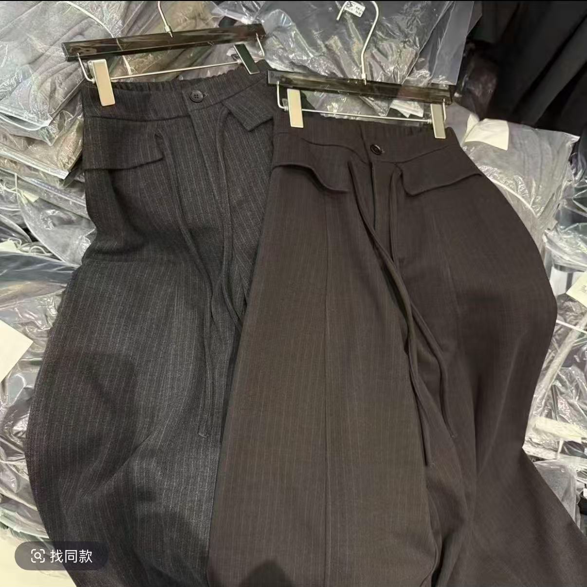 秋冬新款竖条纹加厚不加绒带抽绳显瘦遮肉时尚百搭女裤9286不加绒