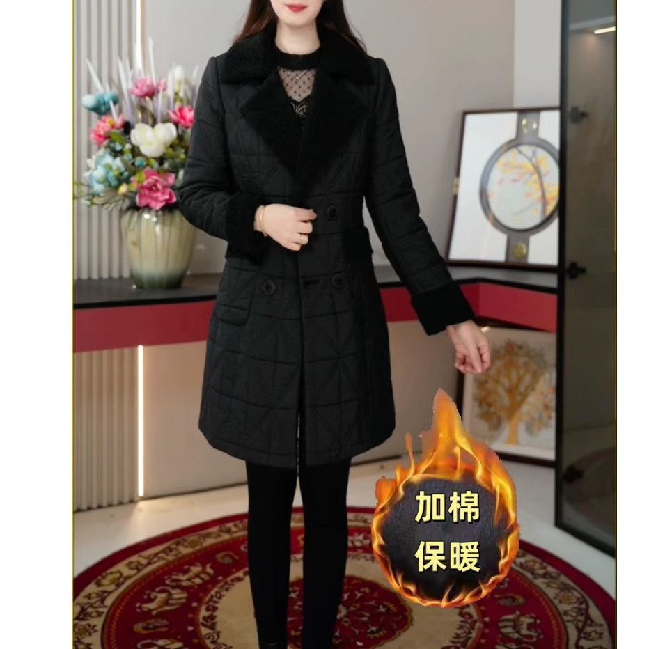 D8867中长款加厚棉衣冬季新款气质大方收腰遮肚显瘦保暖棉衣女