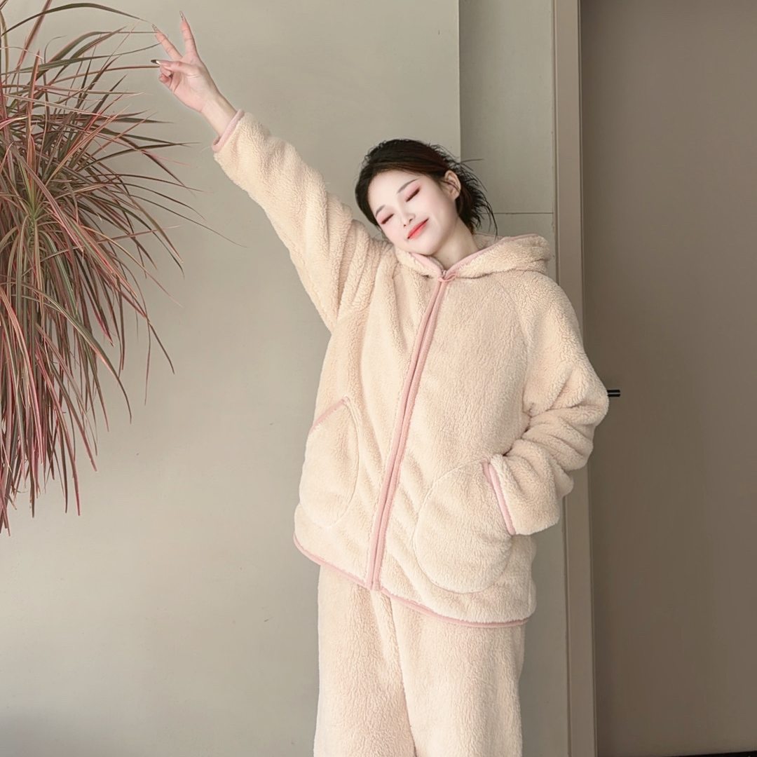 【粉绵绵】2026新款连帽保暖加绒加厚拉链休闲可外穿睡衣家居服女